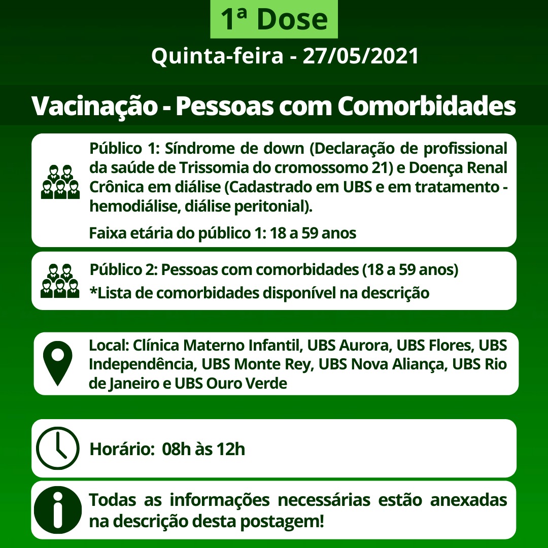 Cronograma de Vacinação contra Covid-19 (Comorbidades) - Quinta-feira - 27/05/2021